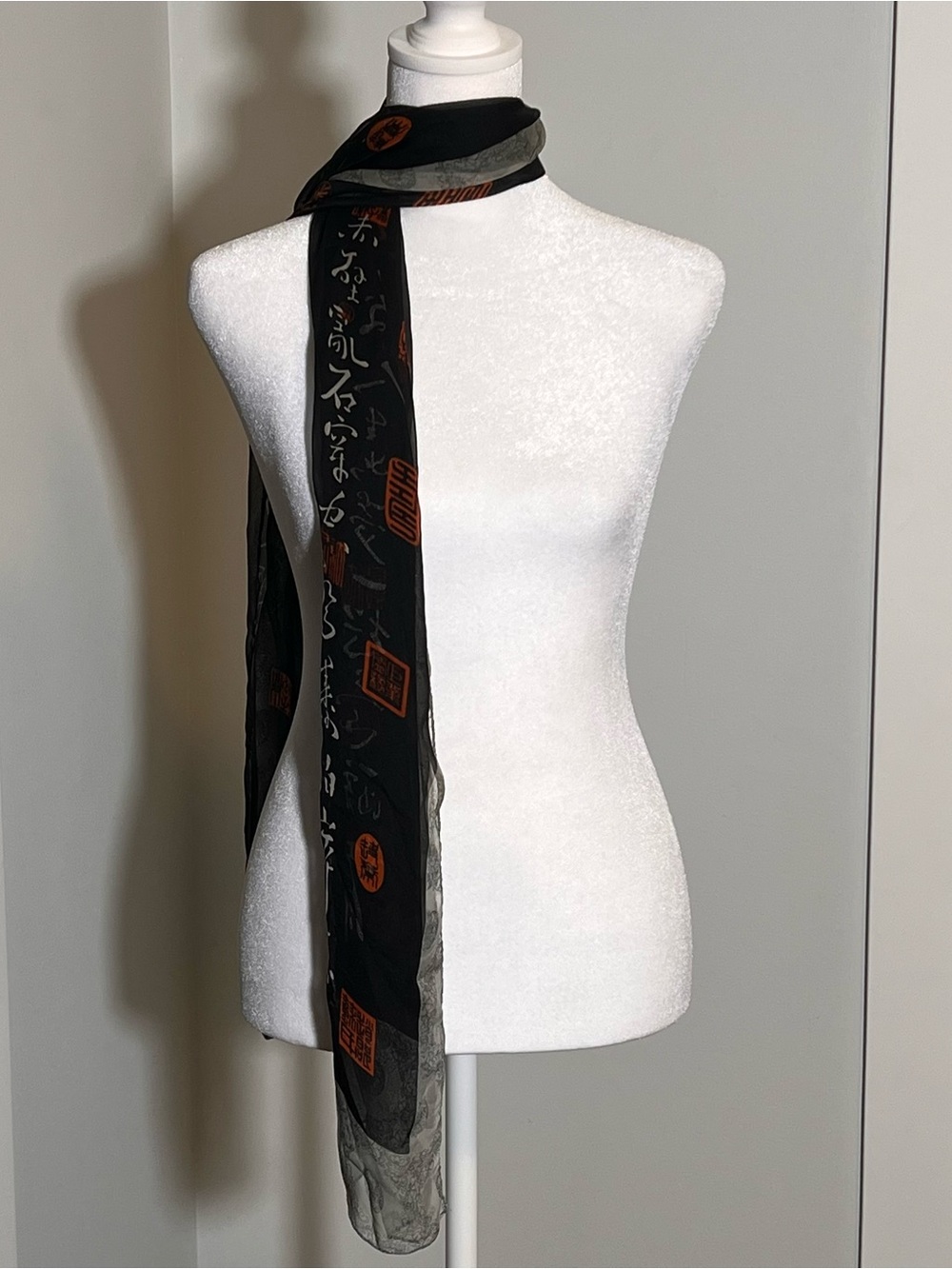 Silk-Feel Black Scarf with Red & Gray Accents